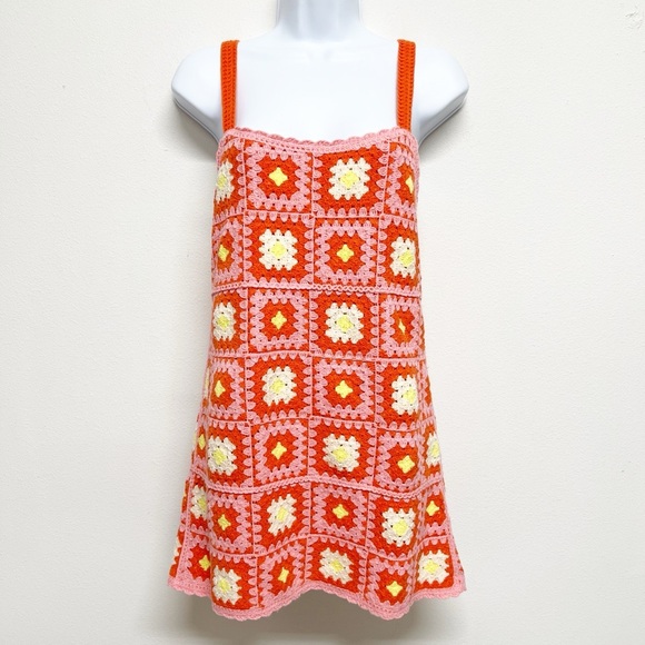 Zara Womens Bloggers Fave Orange Pink Crochet Knit Mini Dress Size Small - Picture 3 of 11